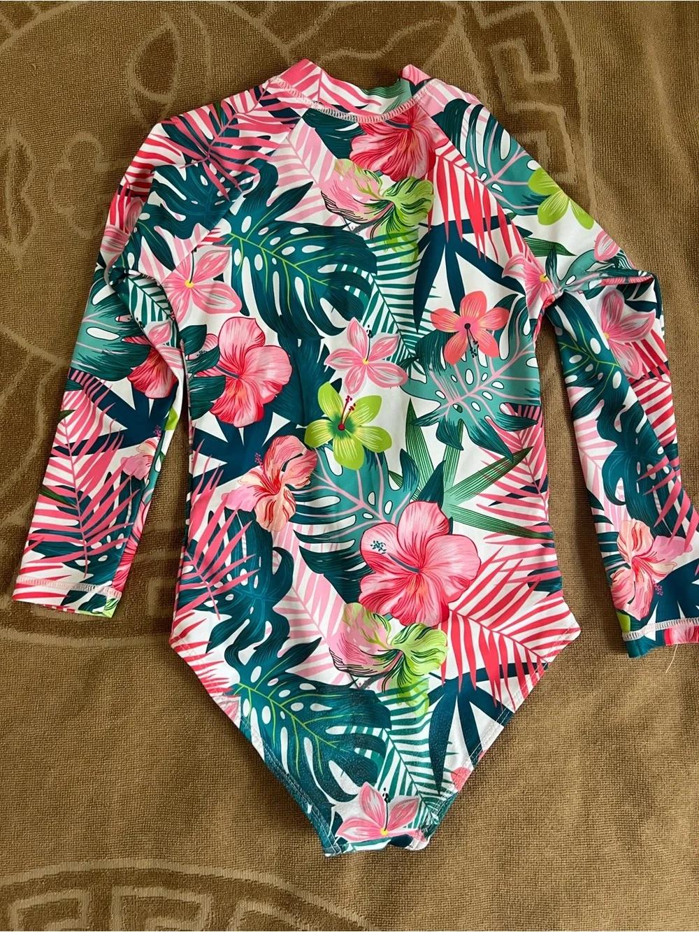 Kids Long-Sleeve Tropical Floral Rash Guard Swimsuit - Pink & Green